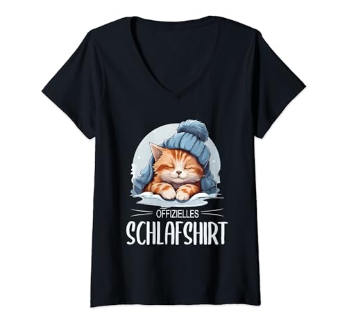 Damen Offizielles Schlafshirt Kätzchen Schlafanzug Pyjama Katzen T-Shirt mit V-Ausschnitt von Herren Damen Kinder Nachthemd Katzen Pyjama