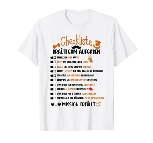 Herren JGA Outfit - JGA T-Shirt für Männer - Weiß, Größe S - Kurzarm, Klassische Passform - JGA-Thema mit Checkliste für Junggesellenabschied & Hochzeit Herren JGA Outfit - JGA T-Shirt für Männer - Weiß, Größe S - Kurzarm, Klassische Passform - JGA-Thema mit Checkliste für Junggesellenabschied & Hochzeit von Herren JGA Outfit