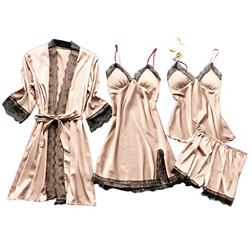 Damen Pyjama-Set, Dasongff Nachtwäsche 4-teilige Pyjama-Set Leoparden Schlafanzug Strapsrock Kimono Robe Sexy Bequem für Frühling Herbst Winter (L, Beige) von Herren Unterwäsche Dasongff