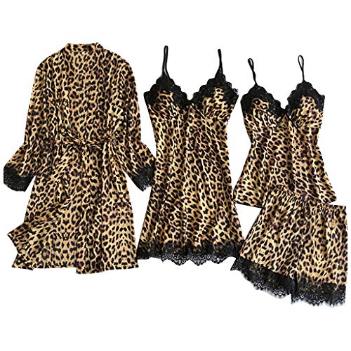 Damen Pyjama-Set, Dasongff Nachtwäsche 4-teilige Pyjama-Set Leoparden Schlafanzug Strapsrock Kimono Robe Sexy Bequem für Frühling Herbst Winter von Herren Unterwäsche Dasongff