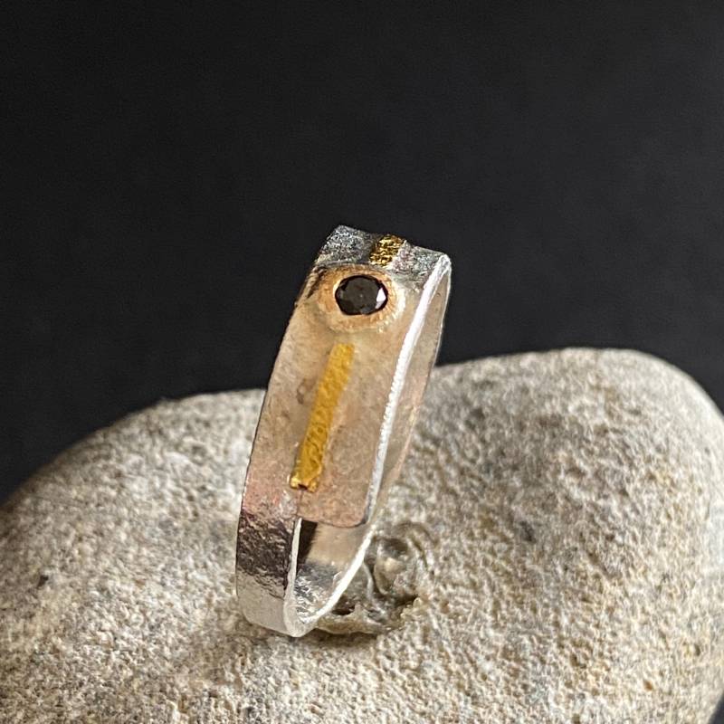 Diamond Ring, 7.5, Black Diamond Modern Ring Silver, Silver Bicolor Argentium Unique von HerrlicherSchmuck