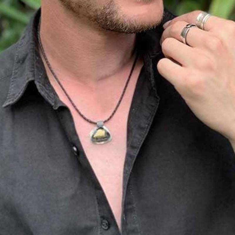 Pyrit Anhänger, Handarbeit, Halskette, Pyritkette, Herren Anhänger Mit Pyrit, Schwarzer Apachenpyrit Cabochon von HerrlicherSchmuck