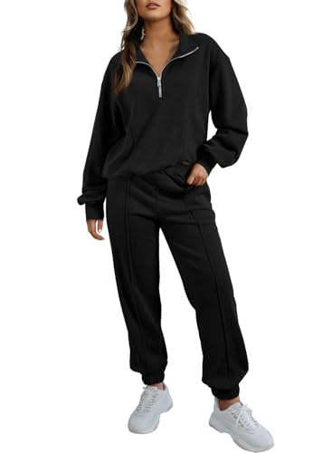 Herseas 2-teiliges Damen-Outfits, Sweatshirt, Sweatpants, Trainingsanzug, Sweatlounge, passendes Set 2025, Herbst Trendy, Schwarz, Medium von Herseas