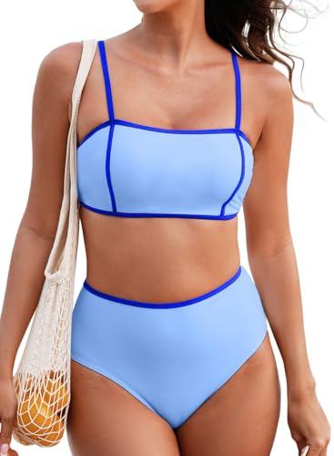 Herseas Damen 2-teiliges Colorblock-Bikini-Set, quadratischer Ausschnitt, Badeanzug mit verstellbaren Spaghettiträgern, Himmelblau, Medium von Herseas
