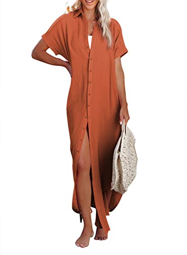 Herseas Damen Casual Kurzarm Knopfleiste Kleid Seitlich Split Lang Kimonos Cardigans Badeanzug Cover Ups Strandkleid, Orange/Abendrot im Zickzackmuster (Sunset Chevron), XL von Herseas