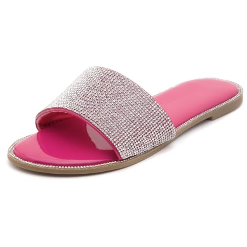 Herstyle Showstopper Damen Flache Sandalen Mode Strass Slides Open Toe Slip On Slippers mit Gepolstertem Fußbett Casual Bling Sandalen für Sommer und Alltag, 2012 Fuchsia, 39.5 EU von Herstyle