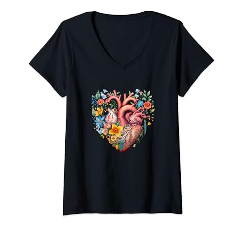 Damen Herz Blumen Menschliches Organ Anatomie Liebe T-Shirt mit V-Ausschnitt Damen Herz Blumen Menschliches Organ Anatomie Liebe T-Shirt mit V-Ausschnitt von Herz Blumen Menschliches Organ Anatomie Liebe