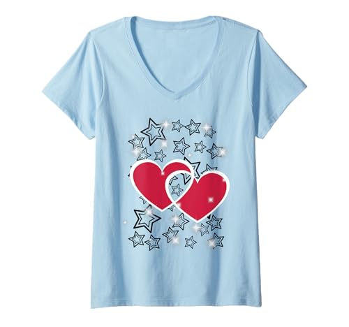 Damen Retro Herz Herzen 60er 80er Vintage Valentin T-Shirt mit V-Ausschnitt von Herz Herzen Liebe