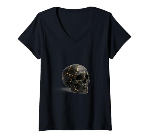 Damen Golden Kintsugi Skull T-Shirt mit V-Ausschnitt Damen Golden Kintsugi Skull T-Shirt mit V-Ausschnitt von Herz und Hand