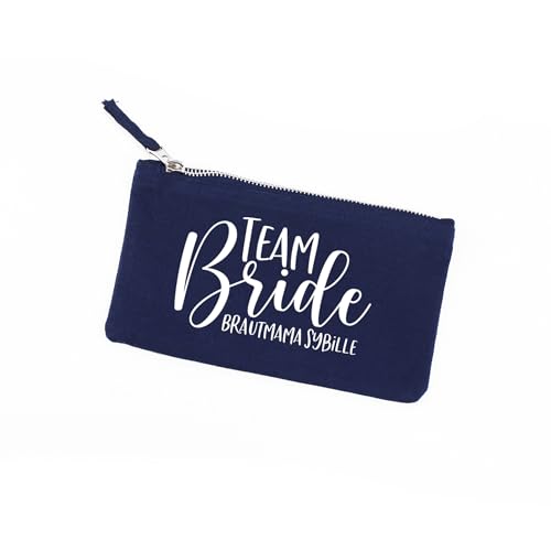 Herz & Heim® Personalisierbare Kosmetiktasche für JGA – Beautycase Team Bride für Junggesellenabschied & Hochzeit – 2 Größen & 5 Farben – Schminktäschchen mit Reißverschluss (Blau, Klein) von Herz & Heim