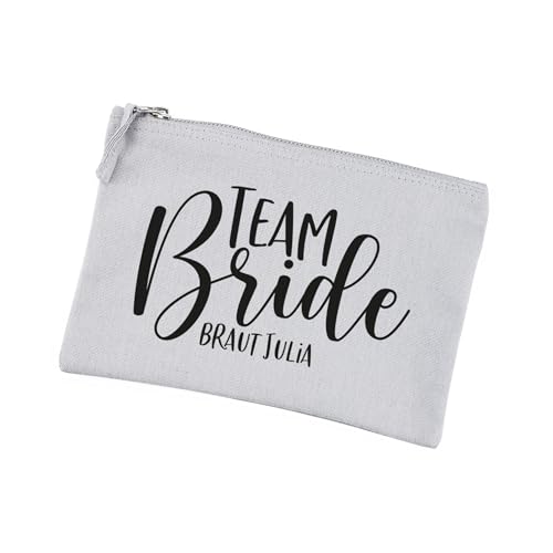 Herz & Heim® Personalisierbare Kosmetiktasche für JGA – Beautycase Team Bride für Junggesellenabschied & Hochzeit – 2 Größen & 5 Farben – Schminktäschchen mit Reißverschluss (Grau, Groß) von Herz & Heim