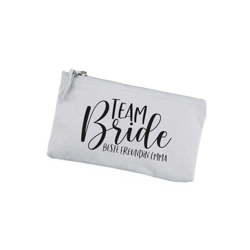 Herz & Heim® Personalisierbare Kosmetiktasche für JGA – Beautycase Team Bride für Junggesellenabschied & Hochzeit – 2 Größen & 5 Farben – Schminktäschchen mit Reißverschluss (Grau, Klein) von Herz & Heim