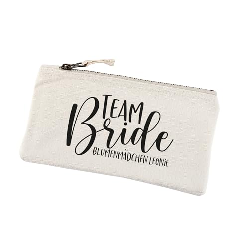 Herz & Heim® Personalisierbare Kosmetiktasche für JGA – Beautycase Team Bride für Junggesellenabschied & Hochzeit – 2 Größen & 5 Farben – Schminktäschchen mit Reißverschluss (Natur, Klein) von Herz & Heim