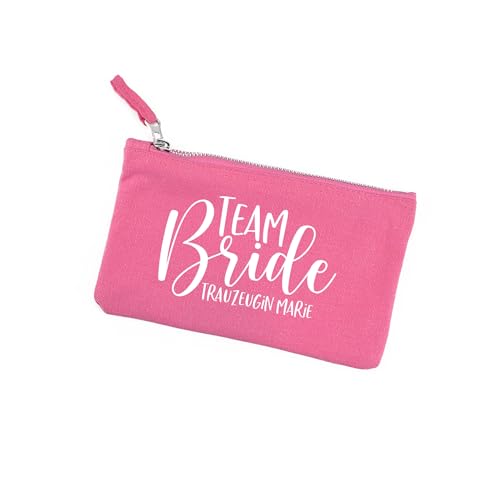 Herz & Heim® Personalisierbare Kosmetiktasche für JGA – Beautycase Team Bride für Junggesellenabschied & Hochzeit – 2 Größen & 5 Farben – Schminktäschchen mit Reißverschluss (Pink, Klein) von Herz & Heim