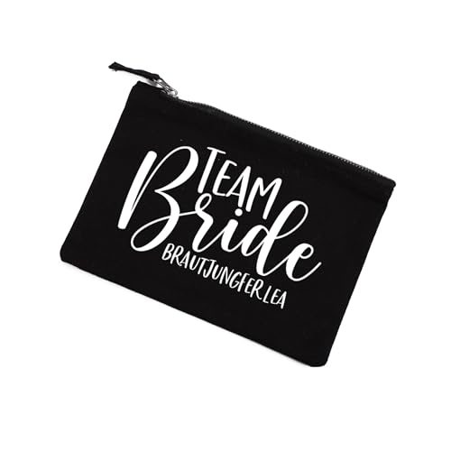 Herz & Heim® Personalisierbare Kosmetiktasche für JGA – Beautycase Team Bride für Junggesellenabschied & Hochzeit – 2 Größen & 5 Farben – Schminktäschchen mit Reißverschluss (Schwarz, Groß) von Herz & Heim