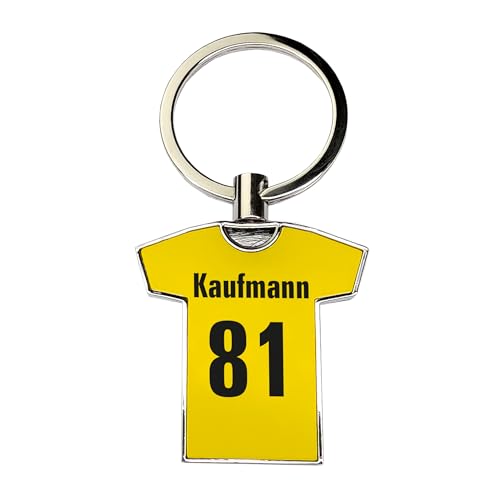 Herz & Heim® Personalisierter Schlüsselanhänger Trikot mit Name & Nummer – Geschenk für Fußballfans – 5 Farben zur Auswahl – Geschenkbox enthalten – Trikotform aus Metall (Gelb) von Herz & Heim