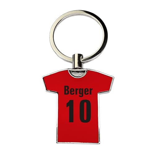 Herz & Heim® Personalisierter Schlüsselanhänger Trikot mit Name & Nummer – Geschenk für Fußballfans – 5 Farben zur Auswahl – Geschenkbox enthalten – Trikotform aus Metall (Rot) von Herz & Heim