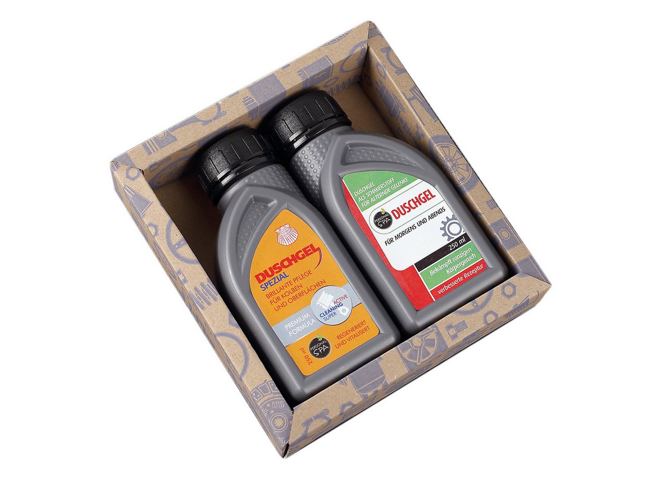 Herz & Heim Duschgel Motoröl mit passender Geschenkverpackung als lustiges Geschenk von Herz & Heim