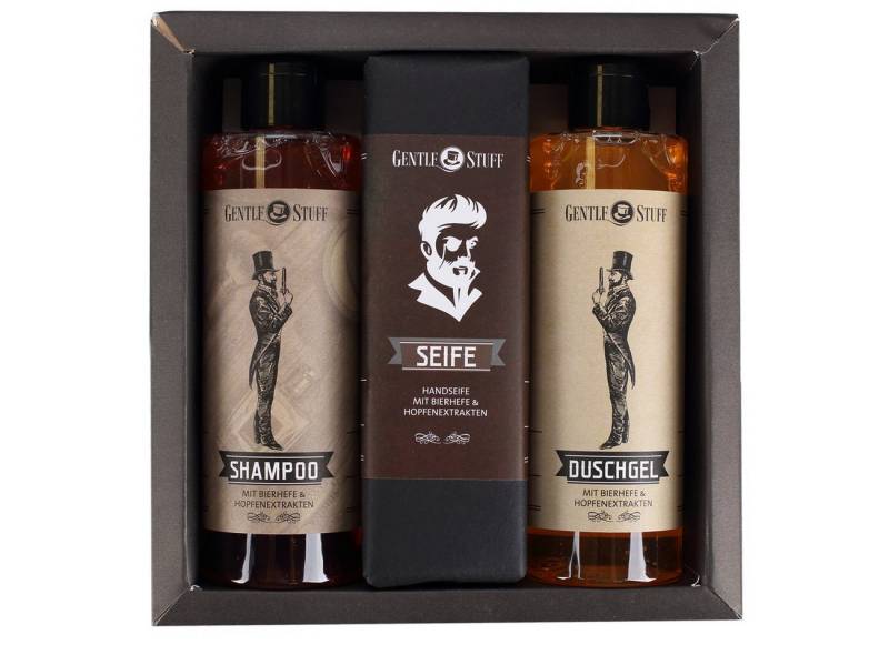 Herz & Heim Pflege-Geschenkset Gentleman Design - Geschenk für Männer mit Duschgel, Shampoo & Seife in Geschenkverpackung, 3-tlg., mit Bierhefe und Hopfenextrakten von Herz & Heim
