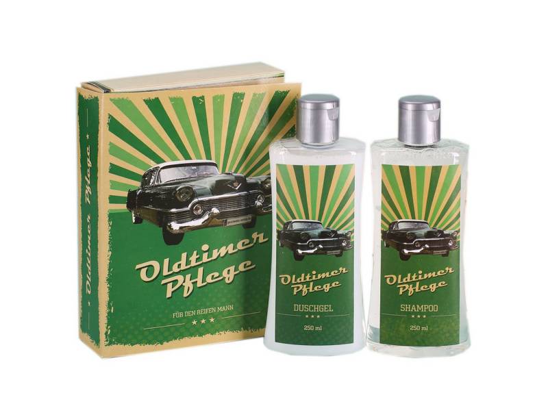 Herz & Heim Pflege-Geschenkset "Oldtimer Pflege" - Lustiges Geschenk für Männer zum Geburtstag, 1x Duschgel (250 ml), 1x Shampoo (250 ml) von Herz & Heim
