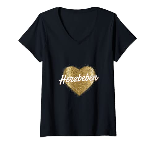 Damen Herzbeben - Liebe, Gefühl, Herz, Freizeit, Gold T-Shirt mit V-Ausschnitt Damen Herzbeben - Liebe, Gefühl, Herz, Freizeit, Gold T-Shirt mit V-Ausschnitt von Herzbeben
