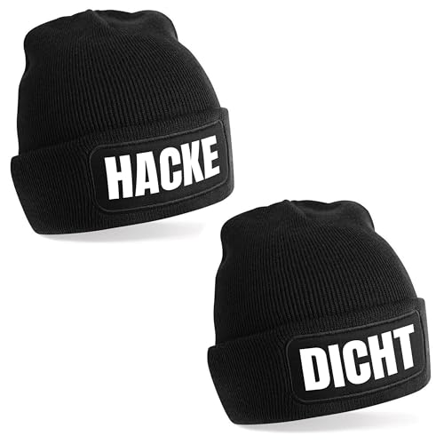 2er Set Beanie Strickmütze mit Spruch | Hacke Dicht | schwarz | Unisex SoftTouch angenehm weiche und warme Wintermütze | OneSize Einheitsgröße für Erwachsene von Herzbotschaft