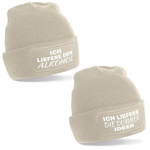 2er Set Beanie Strickmütze mit Spruch | Ich liefere den Alkohol und ich die dummen Ideen | creme | Unisex SoftTouch angenehm weiche und warme Wintermütze | OneSize Einheitsgröße für Erwachsene von Herzbotschaft