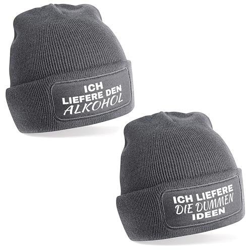 2er Set Beanie Strickmütze mit Spruch | Ich liefere den Alkohol und ich die dummen Ideen | grau | Unisex SoftTouch angenehm weiche und warme Wintermütze | OneSize Einheitsgröße für Erwachsene von Herzbotschaft