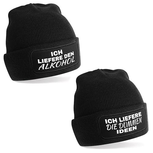 2er Set Beanie Strickmütze mit Spruch | Ich liefere den Alkohol und ich die dummen Ideen | schwarz | Unisex SoftTouch angenehm weiche und warme Wintermütze | OneSize Einheitsgröße für Erwachsene von Herzbotschaft