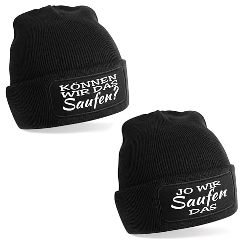 2er Set Beanie Strickmütze mit Spruch | Können wir das saufen? Jo wir saufen das | schwarz | Unisex SoftTouch angenehm weiche und warme Wintermütze | OneSize Einheitsgröße für Erwachsene von Herzbotschaft