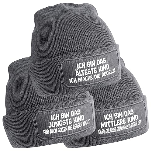 3er Set Beanie Strickmützen mit Spruch | Ich bin das jüngste Kind - das mittlere Kind - das älteste Kind | grau | Unisex SoftTouch angenehm weiche und warme Wintermütze OneSize Einheitsgröße von Herzbotschaft