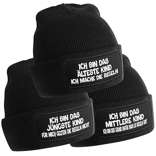 3er Set Beanie Strickmützen mit Spruch | Ich bin das jüngste Kind - das mittlere Kind - das älteste Kind | schwarz | Unisex SoftTouch angenehm weiche und warme Wintermütze OneSize Einheitsgröße von Herzbotschaft
