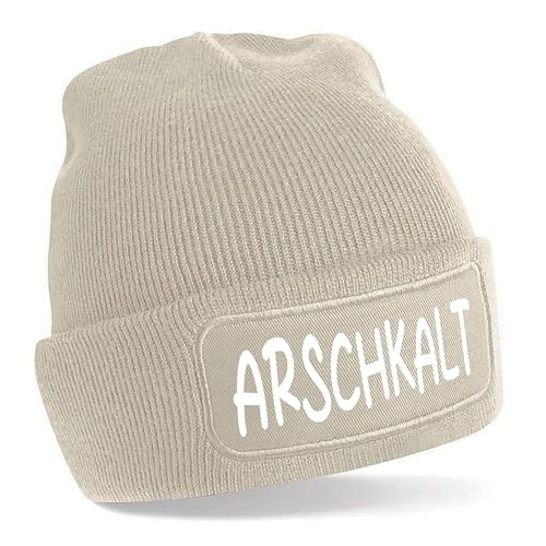 Beanie Strickmütze mit Spruch | Arschkalt | Creme | Unisex SoftTouch angenehm weiche und warme Wintermütze | OneSize Einheitsgröße für Erwachsene von Herzbotschaft