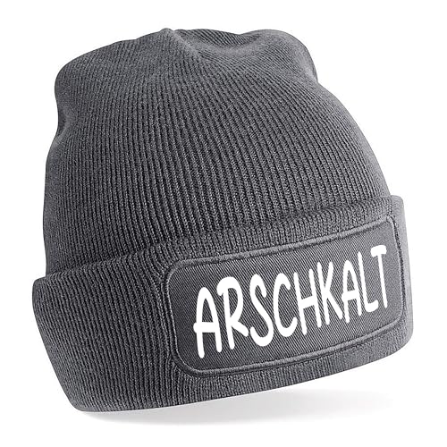 Beanie Strickmütze mit Spruch | Arschkalt | grau | Unisex SoftTouch angenehm weiche und warme Wintermütze | OneSize Einheitsgröße für Erwachsene von Herzbotschaft