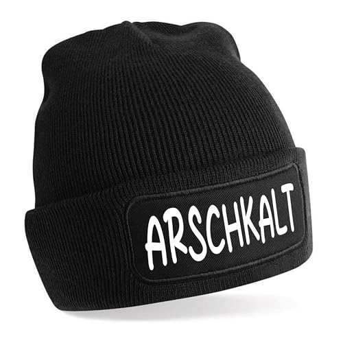 Beanie Strickmütze mit Spruch | Arschkalt | schwarz | Unisex SoftTouch angenehm weiche und warme Wintermütze | OneSize Einheitsgröße für Erwachsene von Herzbotschaft