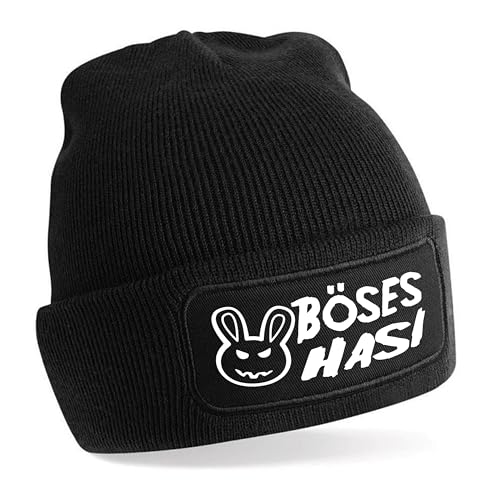 Beanie Strickmütze mit Spruch | Böses Hasi | schwarz | Unisex SoftTouch angenehm weiche und warme Wintermütze | OneSize Einheitsgröße für Erwachsene von Herzbotschaft