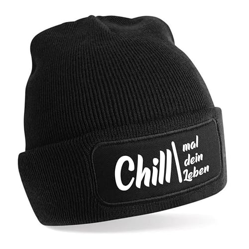 Beanie Strickmütze mit Spruch | Chill mal Dein Leben | schwarz | Unisex SoftTouch angenehm weiche und warme Wintermütze | OneSize Einheitsgröße für Erwachsene von Herzbotschaft