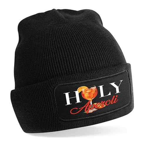 Beanie Strickmütze mit Spruch | HOLY Aperoli | schwarz | Unisex SoftTouch angenehm weiche und warme Wintermütze | OneSize Einheitsgröße für Erwachsene von Herzbotschaft