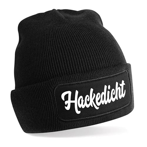 Beanie Strickmütze mit Spruch | Hackedicht | schwarz | Unisex SoftTouch angenehm weiche und warme Wintermütze | OneSize Einheitsgröße für Erwachsene von Herzbotschaft