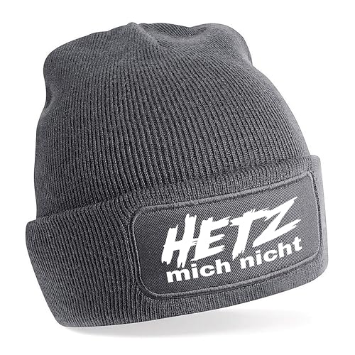 Beanie Strickmütze mit Spruch | Hetz Mich Nicht | grau | Unisex SoftTouch angenehm weiche und warme Wintermütze | OneSize Einheitsgröße für Erwachsene von Herzbotschaft
