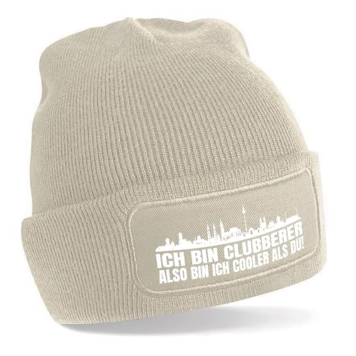 Beanie Strickmütze mit Spruch | Ich bin Clubberer also bin ich cooler als du! | creme | weiche und warme Fußball Mütze für Nürnberg Fan | Skyline | SoftTouch Einheitsgröße für Erwachsene von Herzbotschaft