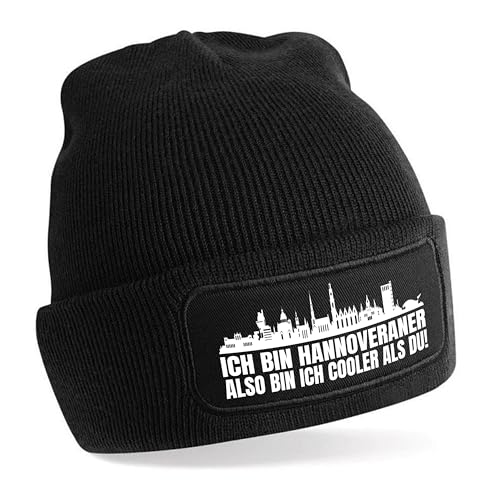 Beanie Strickmütze mit Spruch | Ich bin Hannoveraner also bin ich cooler als du! | schwarz | weiche und warme Fußball Mütze für Hannover Fan | Skyline | SoftTouch Einheitsgröße für Erwachsene von Herzbotschaft