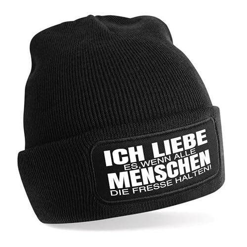 Beanie Strickmütze mit Spruch | Ich Liebe es, wenn alle Menschen die Fresse halten! | schwarz | Unisex SoftTouch angenehm weiche und warme Wintermütze | OneSize Einheitsgröße für Erwachsene von Herzbotschaft