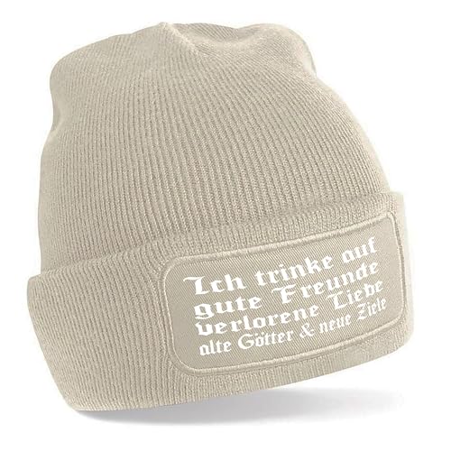 Beanie Strickmütze mit Spruch | Ich trinke auf gute Freunde verlorene Liebe alte Götter & neue Ziele | creme | Unisex SoftTouch weiche und warme Wintermütze | OneSize Einheitsgröße für Erwachsene Beanie Strickmütze mit Spruch | Ich trinke auf gute Freunde verlorene Liebe alte Götter & neue Ziele | creme | Unisex SoftTouch weiche und warme Wintermütze | OneSize Einheitsgröße für Erwachsene von Herzbotschaft