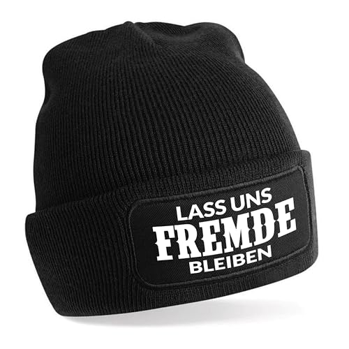 Beanie Strickmütze mit Spruch | Lass Uns Fremde bleiben | schwarz | Unisex SoftTouch angenehm weiche und warme Wintermütze | OneSize Einheitsgröße für Erwachsene von Herzbotschaft