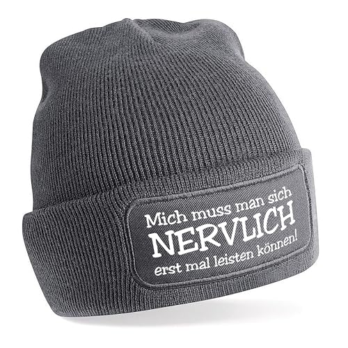 Beanie Strickmütze mit Spruch | Mich muss man sich nervlich erst mal leisten können! | grau | Unisex SoftTouch angenehm weiche und warme Wintermütze | OneSize Einheitsgröße für Erwachsene von Herzbotschaft