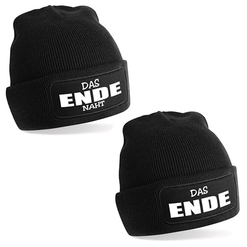 Herzbotschaft 2er Set Beanie Strickmütze mit Spruch | Das Ende naht | schwarz | Unisex SoftTouch angenehm weiche und warme Wintermütze | OneSize Einheitsgröße für Erwachsene von Herzbotschaft