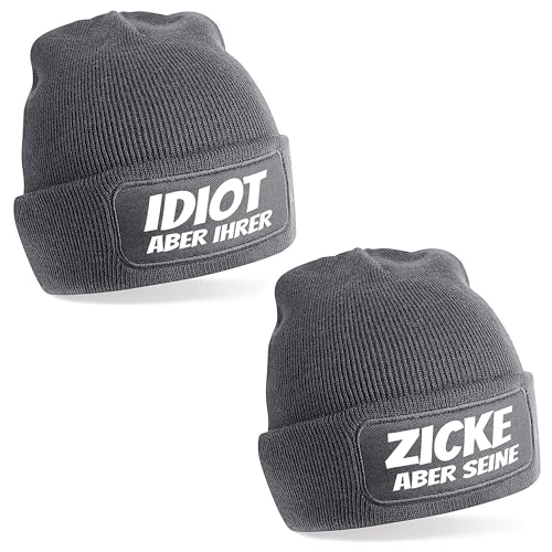 Herzbotschaft 2er Set Beanie Strickmütze mit Spruch | Der Idiot und Seine Zicke | grau | Unisex SoftTouch angenehm weiche und warme Wintermütze | OneSize Einheitsgröße für Erwachsene von Herzbotschaft