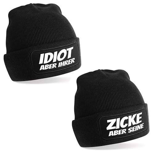 Herzbotschaft 2er Set Beanie Strickmütze mit Spruch | Der Idiot und Seine Zicke | schwarz | Unisex SoftTouch angenehm weiche und warme Wintermütze | OneSize Einheitsgröße für Erwachsene von Herzbotschaft