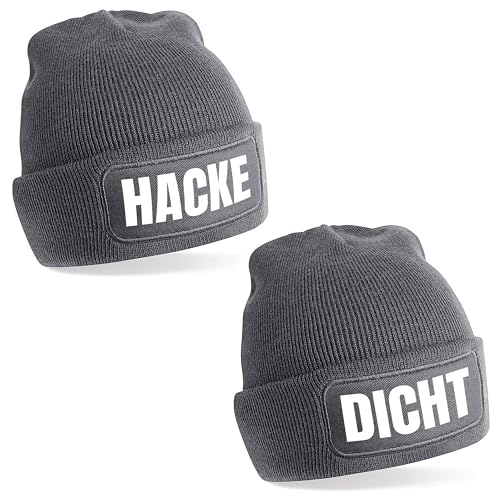 Herzbotschaft 2er Set Beanie Strickmütze mit Spruch | Hacke Dicht | grau | Unisex SoftTouch angenehm weiche und warme Wintermütze | OneSize Einheitsgröße für Erwachsene von Herzbotschaft